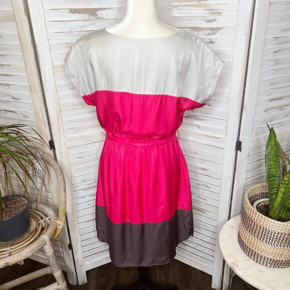 BODEN Women's Color Block Shift Dress Silk Viscose Taupe Pink Chocolate Belted 8 - Picture 11 of 13